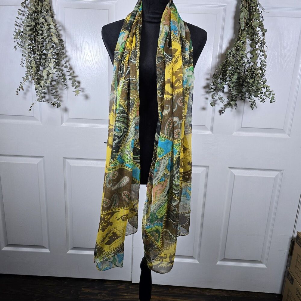 Cynthia Rowley Long Rectangle Boho Yellow Brown Green Paisley Scarf Wrap